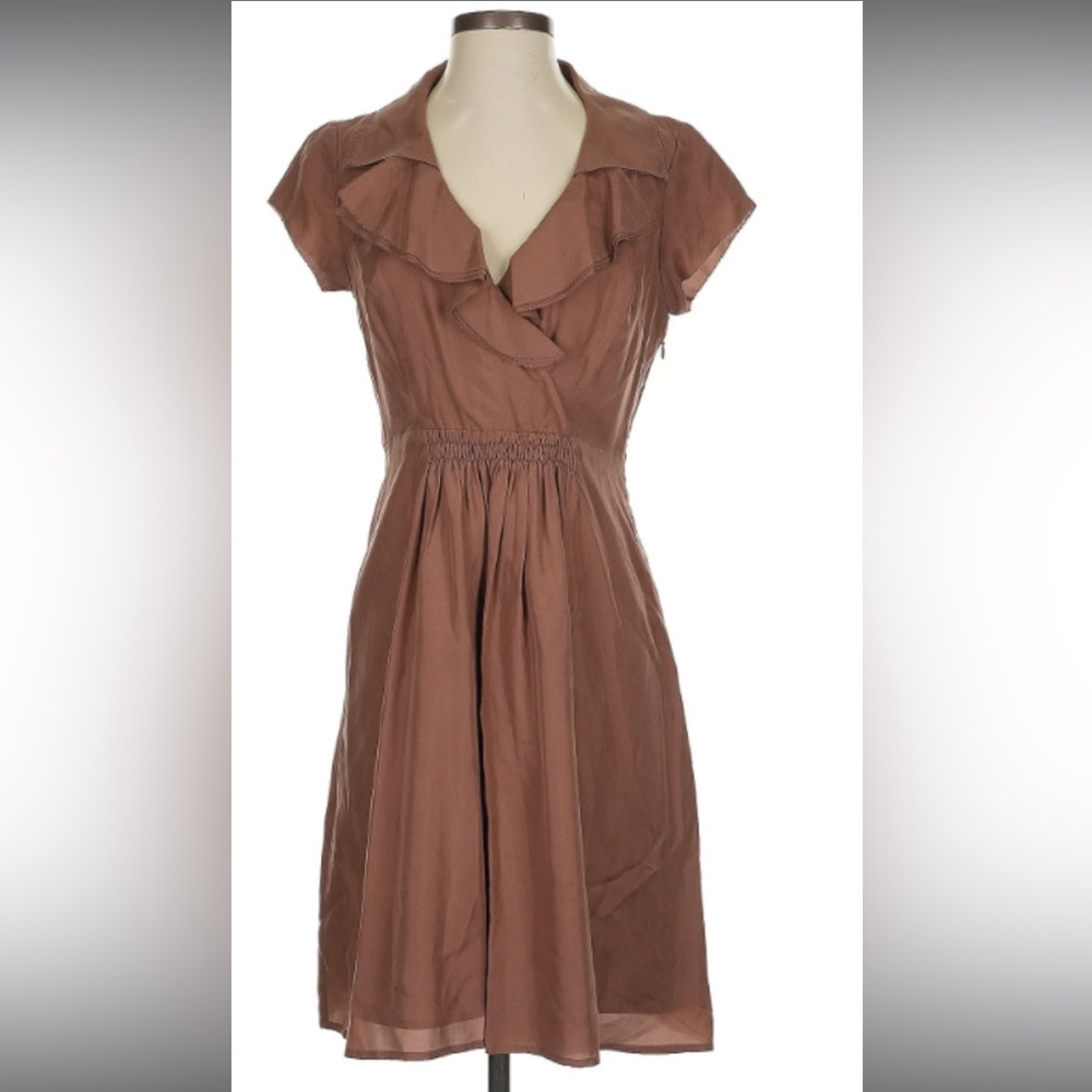 Ann Taylor Loft 8P Brown 100% Silk dress Short sleeve, casual work, knee length.